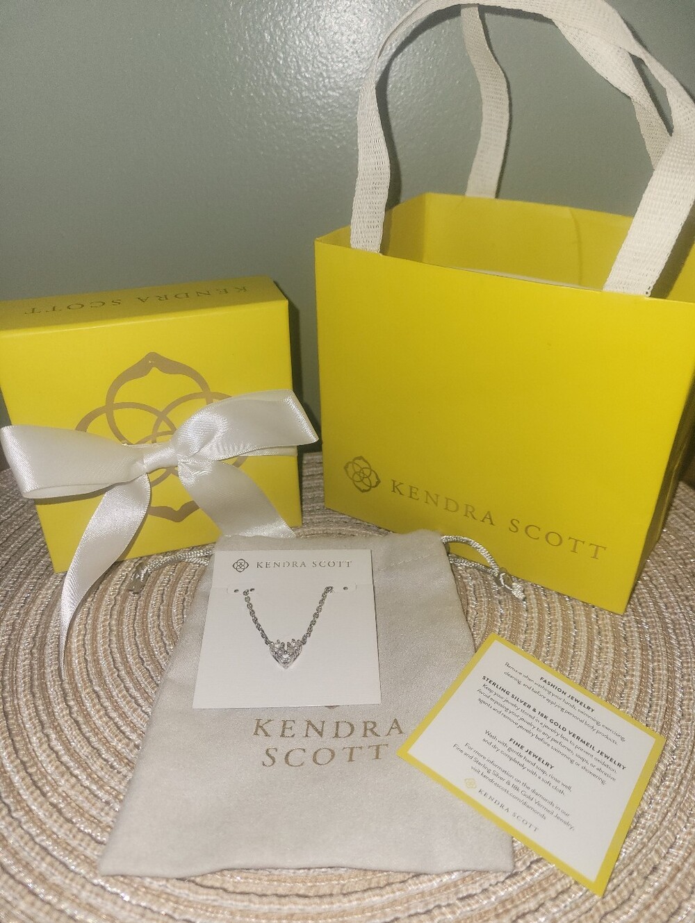 Kendra Scott Silver Katy Heart Pendant Necklace with Original Yellow Gift Set